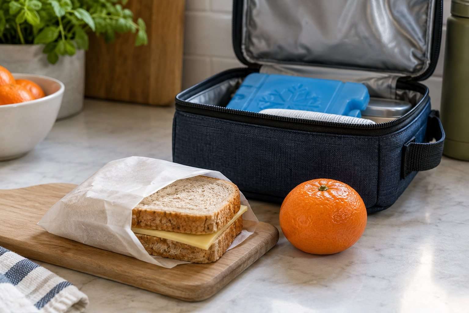 Un bocadillo pequeño y una fruta preparados junto a una bolsa térmica.